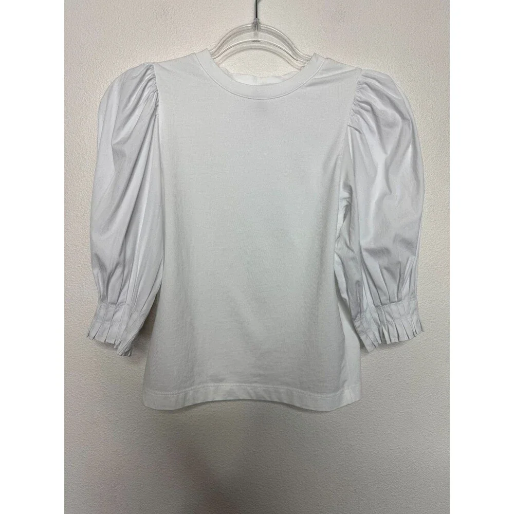 Madewell XXS Puff Half Sleeve Knit Top White Cotton Poplin Pleated Crewneck NWT